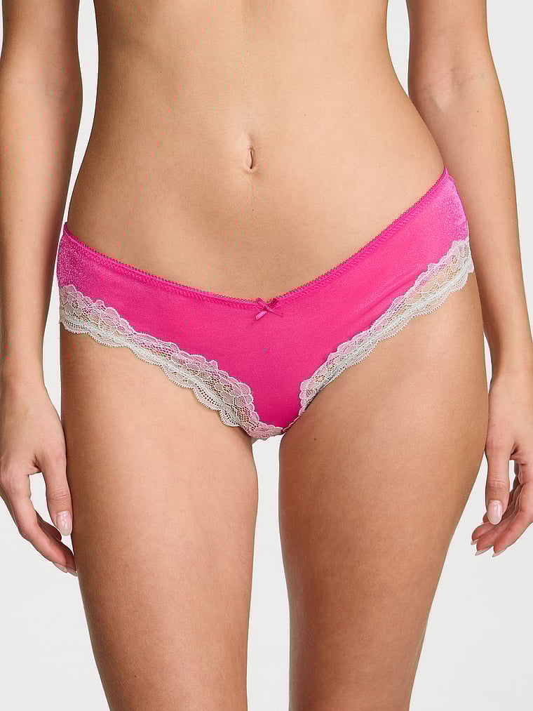 Victoria's Secret, Victoria's Secret Tease Mesh Lace-Trim Cheeky Panty, Enchanted Pink, onModelFront, 1 of 2 Ari is 5'9" and wears Small