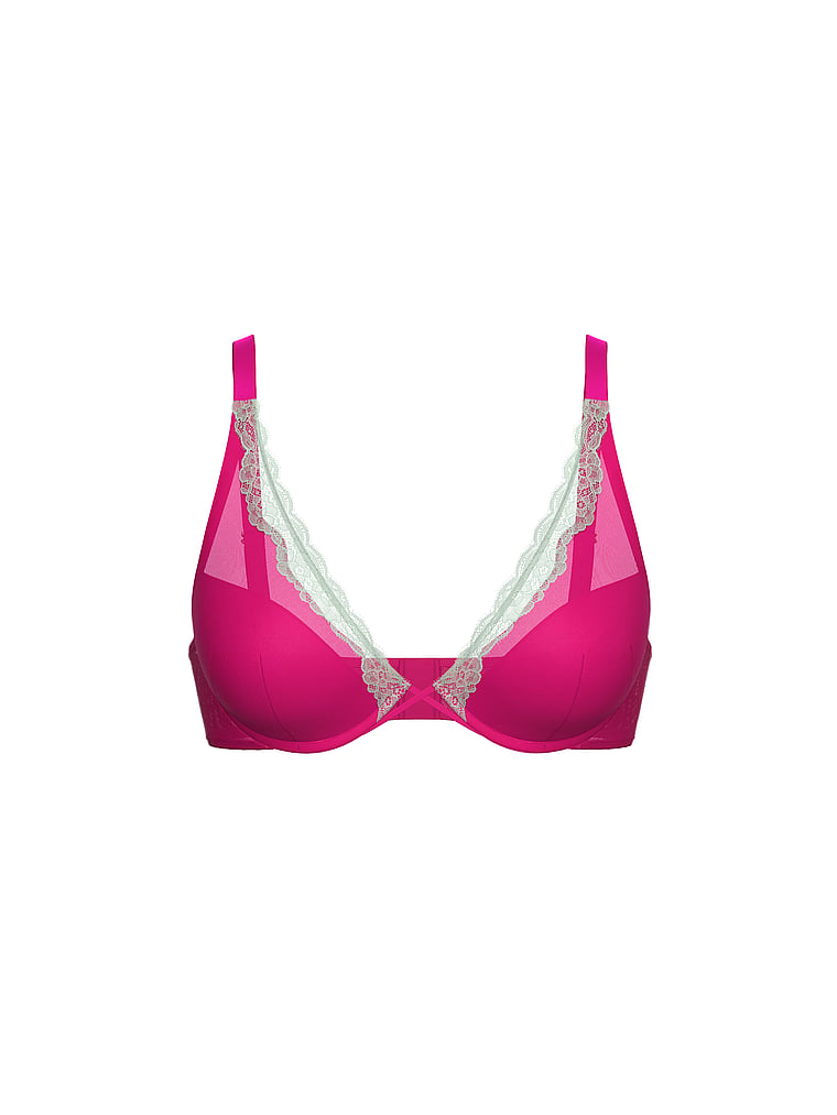 Victoria's Secret, Victoria's Secret Tease Lightly Lined Sheer Shimmer Plunge Bra, Enchanted Pink, offModelFront, 3 of 3
