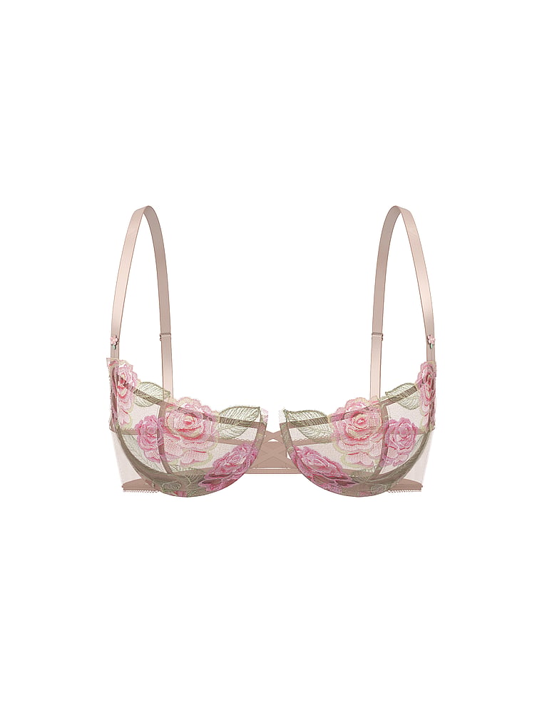 Victoria's Secret, Dream Angels Wicked Unlined Lace Balconette Bra, Melody Pink Roses, offModelFront, 4 of 5
