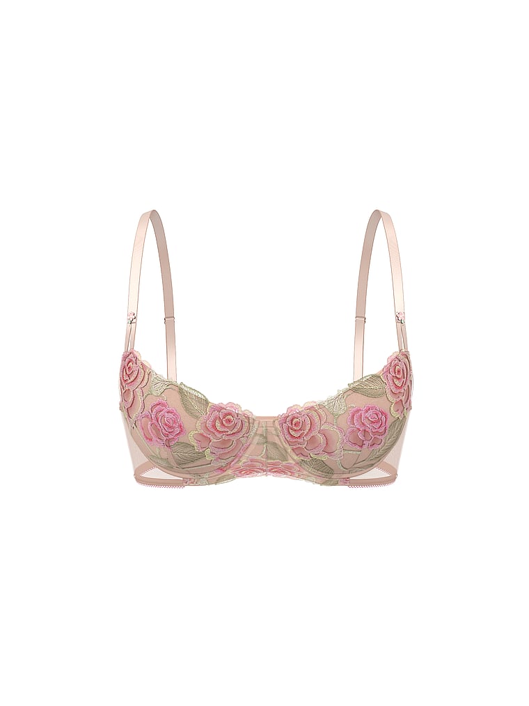 Victoria's Secret, Dream Angels Lace Lightly Lined Demi Bra, Melody Pink Roses, offModelFront, 3 of 4
