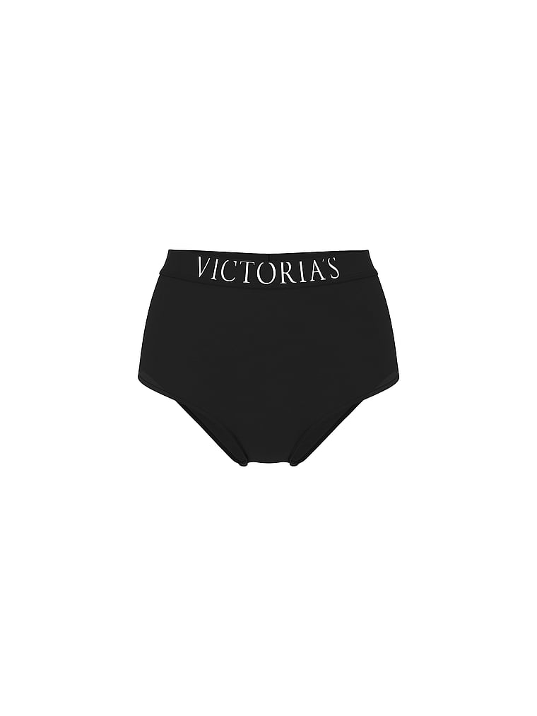 Victoria's Secret, Cotton Logo Cotton Shine Patch Velvet Modern Brief Panty, Black, offModelFront, 3 of 4