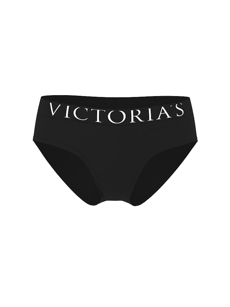 Victoria's Secret, Cotton Logo Cotton Shine Patch Hiphugger Panty, Black, offModelFront, 3 of 4