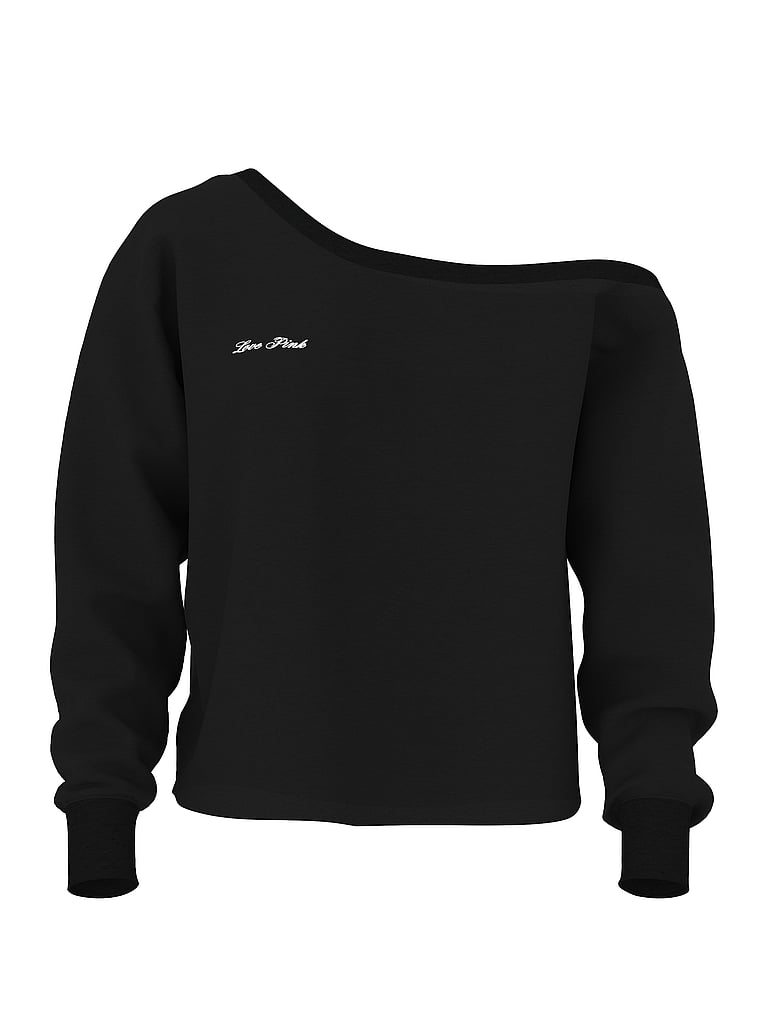 PINK Campus Fleece™ Rib Off-The-Shoulder Sweatshirt, Pure Black, offModelFront, 3 of 3