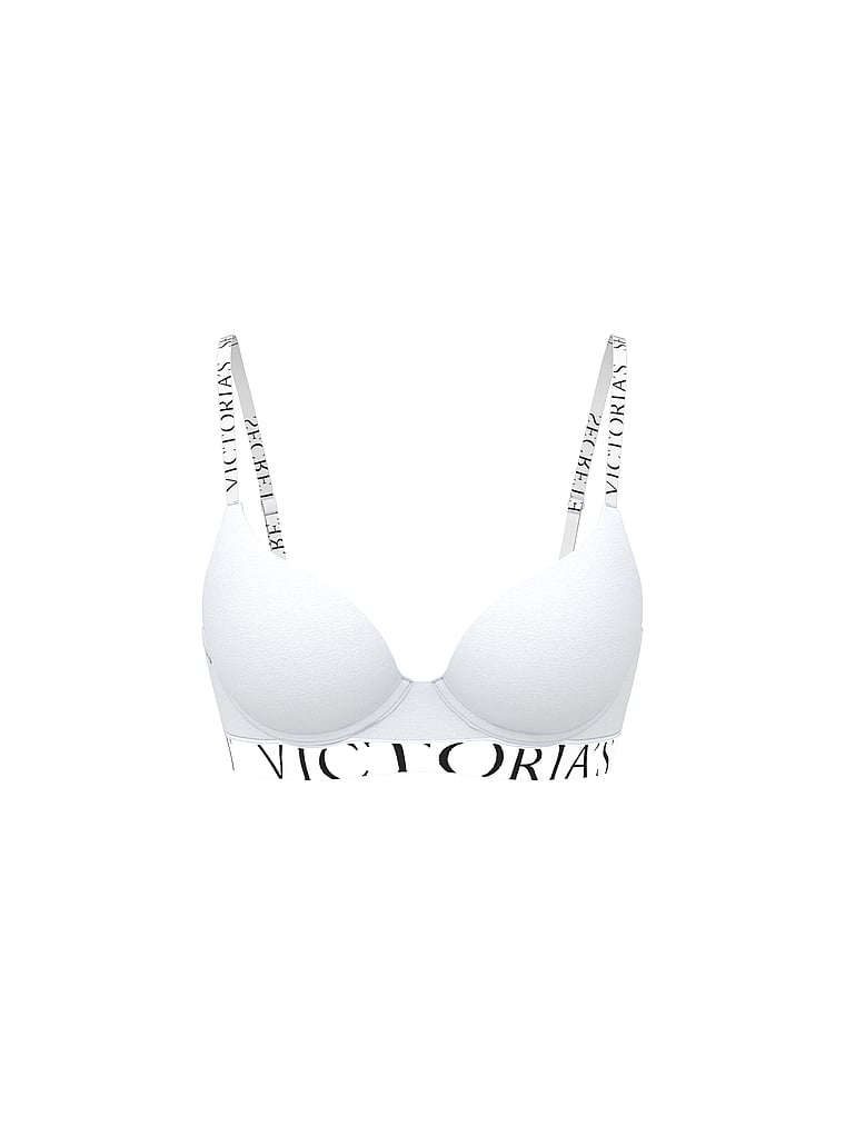 Victoria's Secret, The T-shirt Bombshell Add-2-Cups Cotton Exploded Logo Push-Up Bra, VS White, offModelFront, 3 of 3