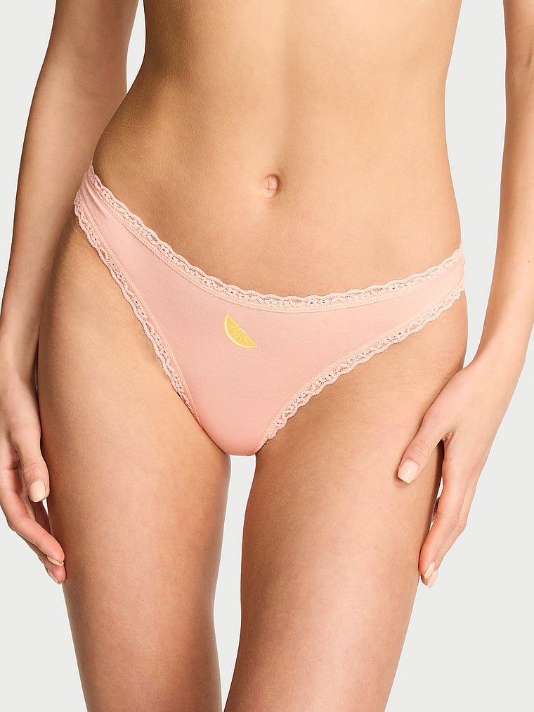 Victoria's Secret, Lace Trim Cotton Pointelle Lace-Waist Thong, Pink Gin, onModelFront, 1 of 3 Aga is 5'10" and wears Small