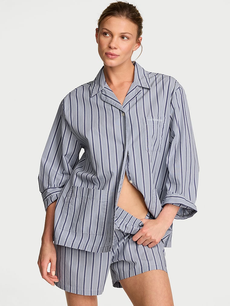 Victoria's Secret, Victoria's Secret Heritage Cotton Long-Sleeve Short Pajama Set, Blue Grey Stripes, onModelFront, 1 of 4 Aga is 5'10" and wears S/Regular