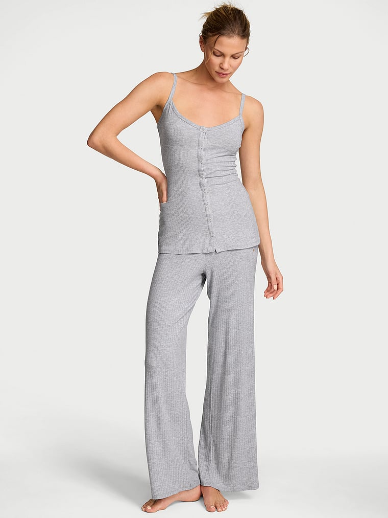 Victoria's Secret, Victoria's Secret SoSoft™ Modal Wide-Rib Button-Front Cami & Pants Set, Medium Heather Grey, onModelFront, 1 of 4 Aga is 5'10" or 178cm and wears S/Regular