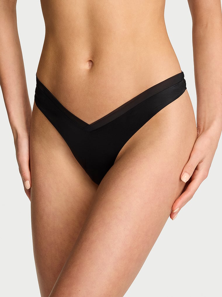 Victoria's Secret, Very Sexy Lace Strappy Hardware Peekaboo Thong Panty, Black, onModelFront, 1 of 3 Aga is 5'10" or 178cm and wears Small