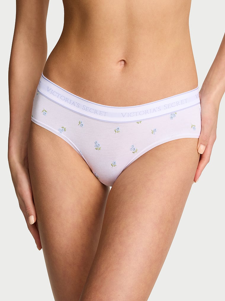 Victoria's Secret, Cotton Logo Cotton Shine Patch Hiphugger Panty, White Floral Embroidery , onModelFront, 1 of 2 Aga is 5'10" and wears Small