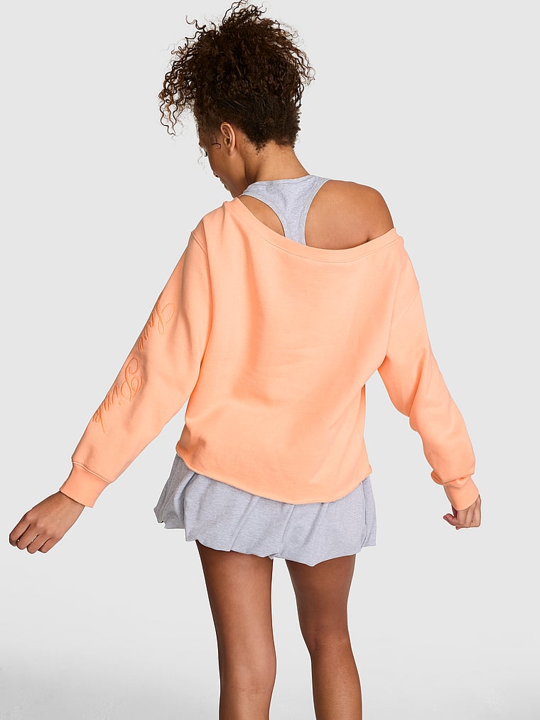 PINK Campus Fleece™ Rib Off-The-Shoulder Sweatshirt, Peach Tree, onModelSide, 3 of 4