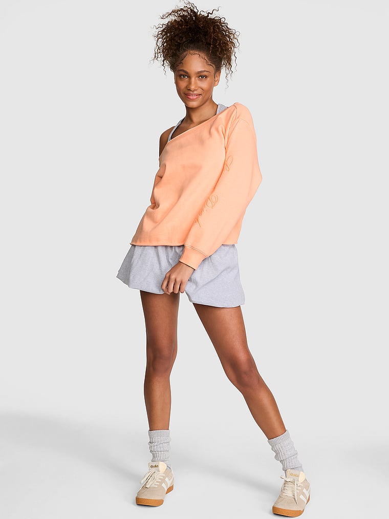PINK Campus Fleece™ Rib Off-The-Shoulder Sweatshirt, Peach Tree, onModelFront, 1 of 4