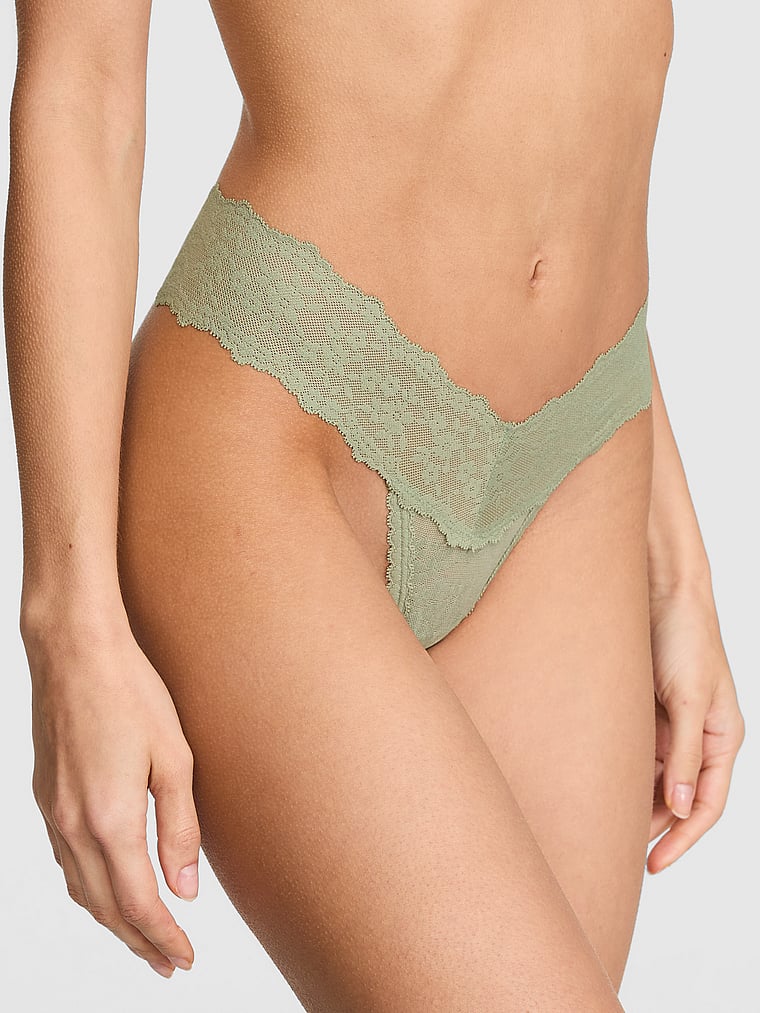 PINK PINK Wink™ Lace Thong Panty, Slate Green, onModelFront, 1 of 3