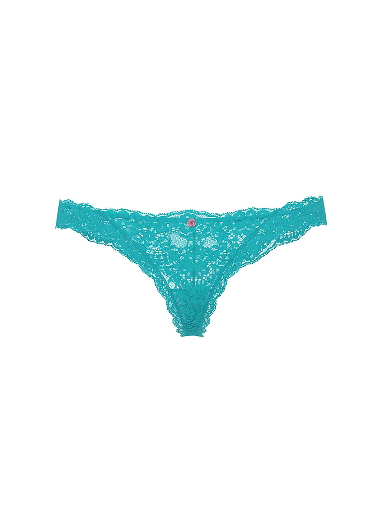 Victoria's Secret, Dream Angels Lace Thong Panty, Weekend Blue, offModelFront, 3 of 4