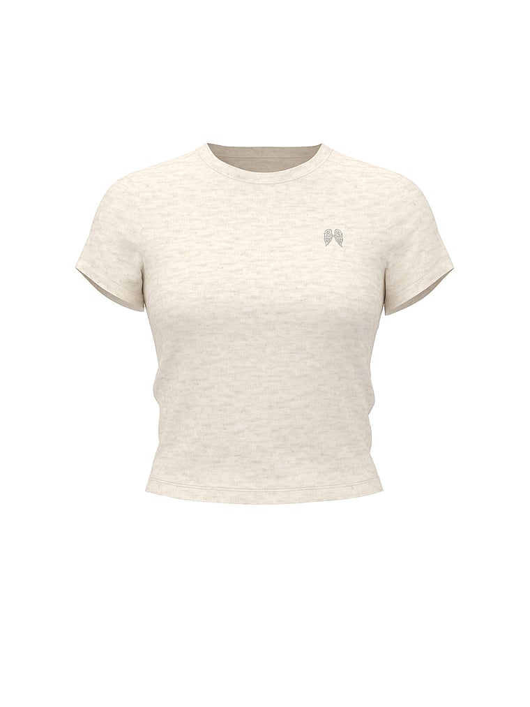 Victoria's Secret, Angel Essentials Stretch Cotton Fitted Tee, Heather Natural, offModelFront, 4 of 4