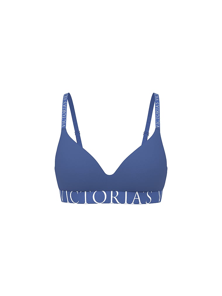 Victoria's Secret, The T-shirt Cotton Exploded Logo Lightly Lined Wireless Bra, Ink Blue, offModelFront, 4 of 7