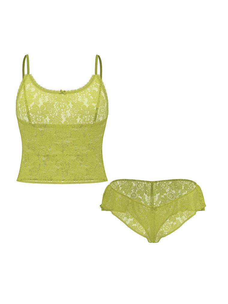 Victoria's Secret, Victoria's Secret Tease Lace Cami & Flutter Short Set, Gecko Yellow, offModelFront, 3 of 3