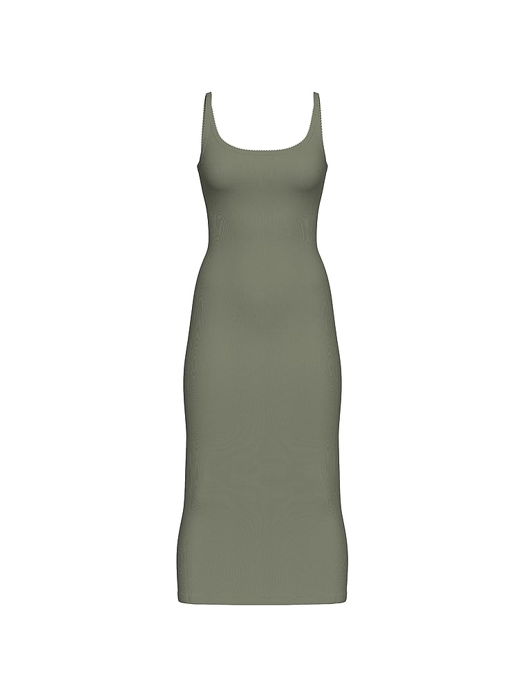 PINK All-Day Soft Rib High-Neck Midi Dress, Slate Green, offModelFront, 3 of 3
