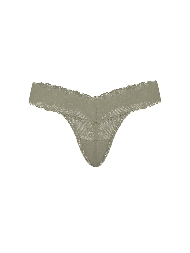 PINK PINK Wink™ Lace Thong Panty, Slate Green, offModelFront, 3 of 3