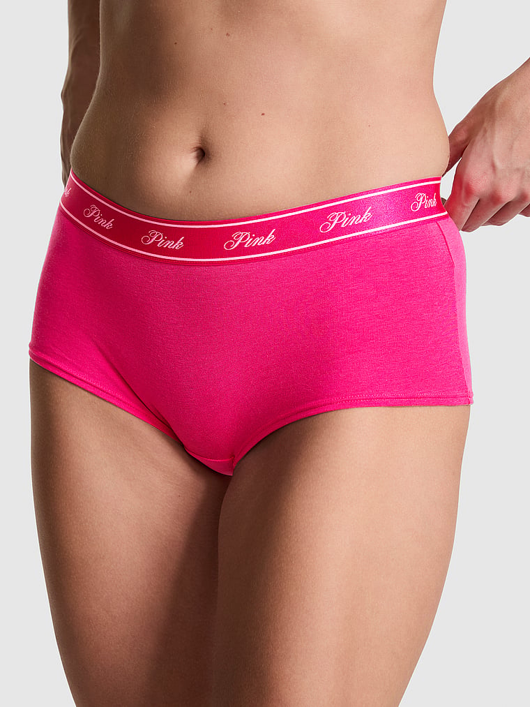 PINK Logo Cotton Boyshort Panty, Hot Stuff With Take A Bite Butt Graphic, onModelFront, 1 of 2 Rae is 5'10" and wears Small