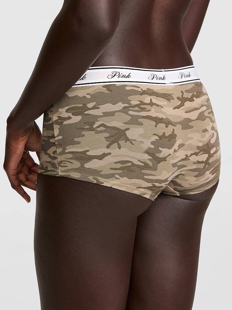 PINK Logo Cotton Boyshort Panty, Faded Green Camo Print, onModelBack, 2 of 3