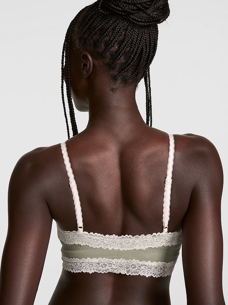 PINK Cotton Lace-Trim Front-Close Triangle Bralette, Slate Green, onModelBack, 2 of 2