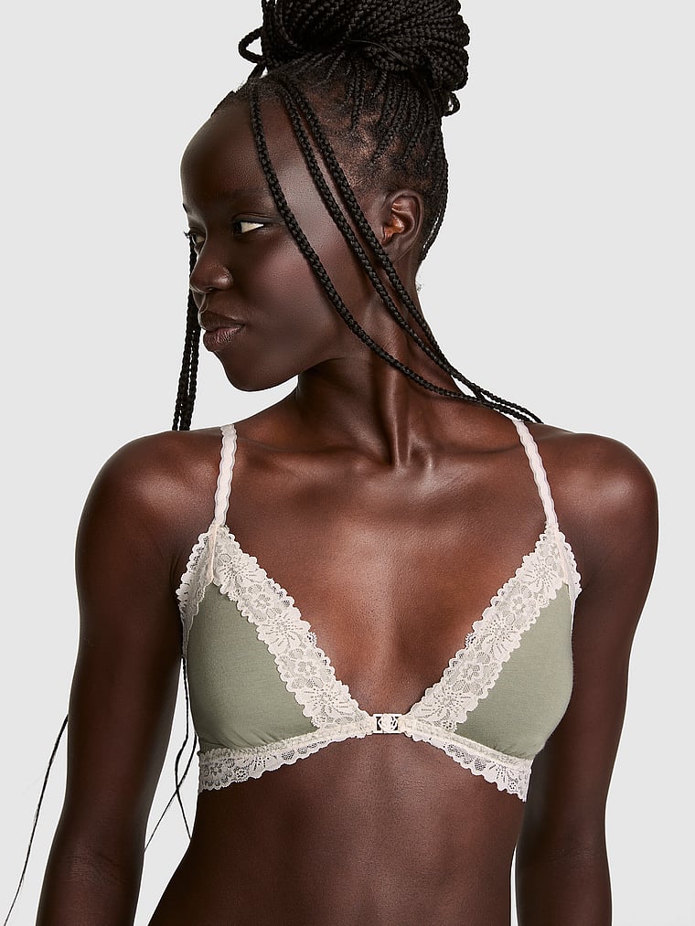 PINK Cotton Lace-Trim Front-Close Triangle Bralette, Slate Green, onModelFront, 1 of 2