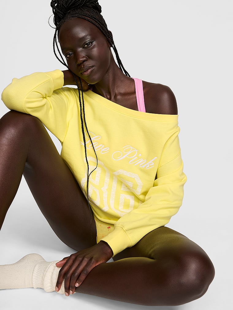 PINK Campus Fleece™ Rib Off-The-Shoulder Sweatshirt, Pineapple Ice, onModelFront, 1 of 3