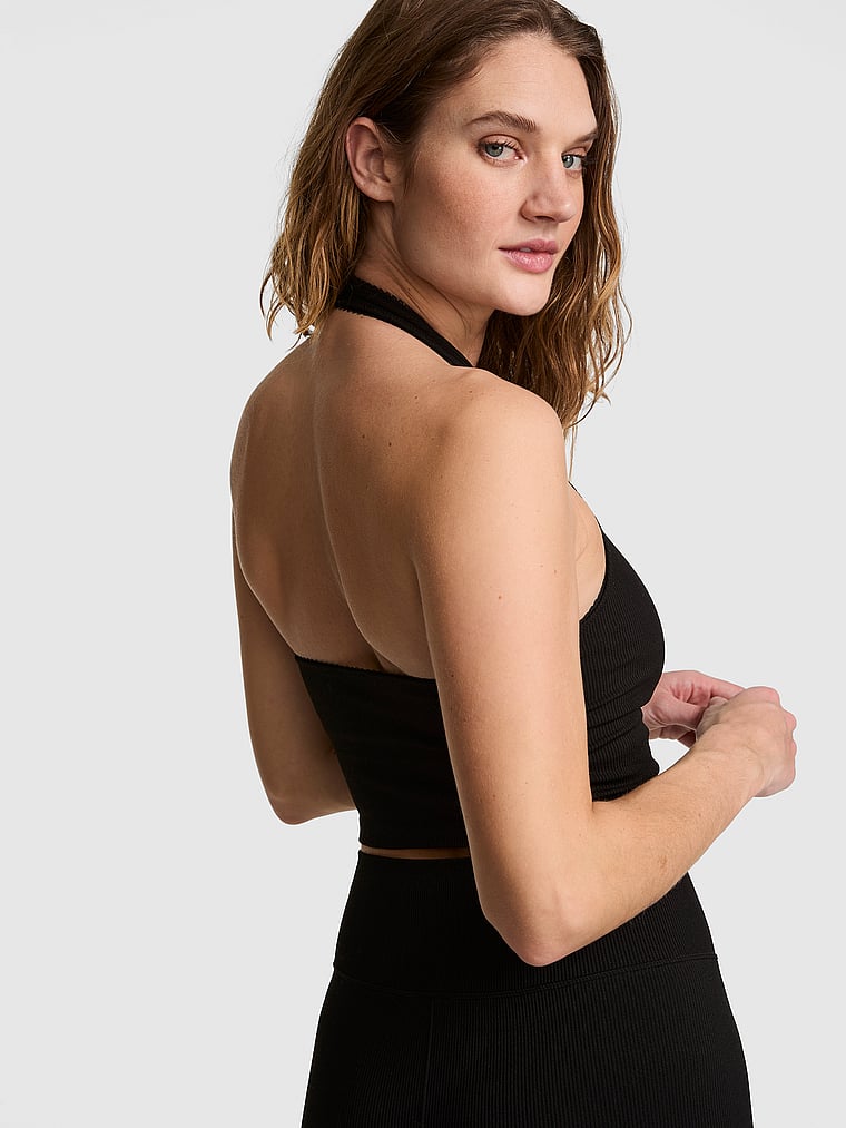 PINK AnyWear Halter Cropped Tank, Black, onModelBack, 2 of 3 Callie is 5'9" and wears Large