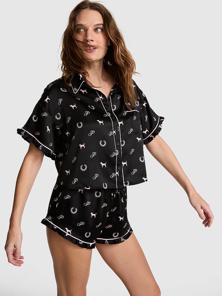 PINK GRWPINK™ Satin Short-Sleeve and Shorts Pajama Set, Black Heritage Print, onModelFront, 1 of 3 Callie is 5'9" or 175cm and wears L/Long