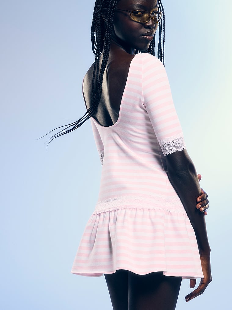 PINK by Frankies Bikinis Daphne Boat Neck Flirty Dress, Pink Stripe, onModelFront, 1 of 4