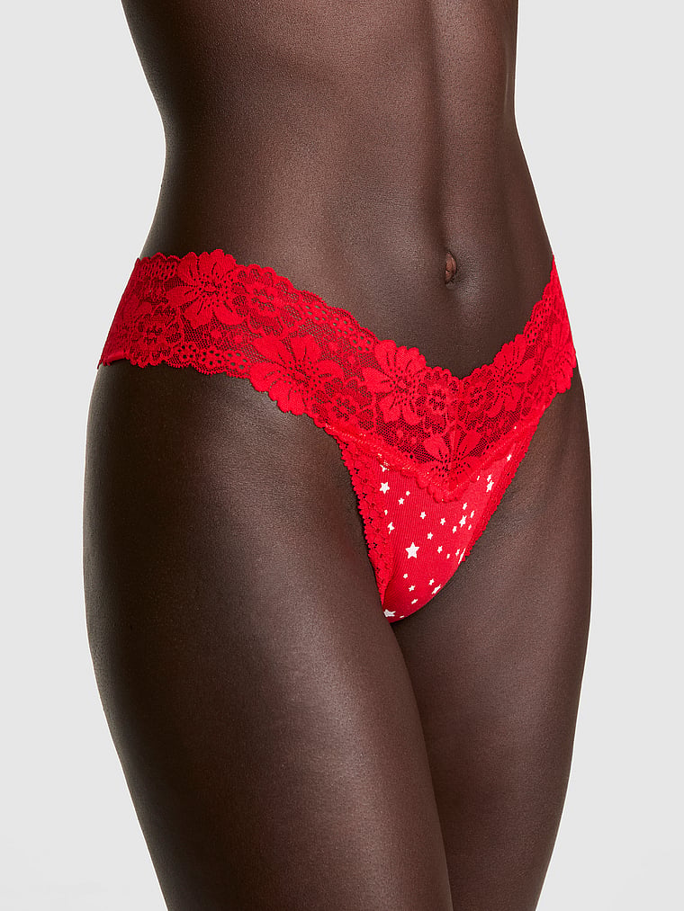 PINK PINK Wink™ Lace-Trim Cotton Thong Panty, Red Star Print, onModelFront, 1 of 3