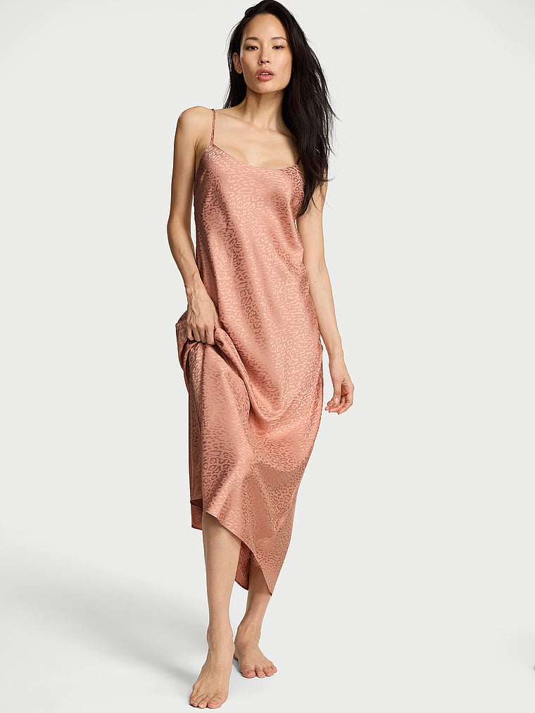 Victoria's Secret, Victoria's Secret Leopard Jacquard Satin Midi Slip Dress, onModelFront, 1 of 3