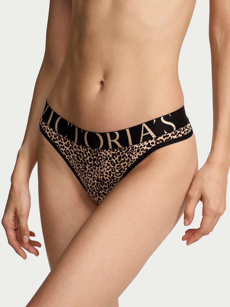 Victoria's Secret, Cotton Logo Cotton Thong Panty, Leopard, onModelFront, 1 of 3