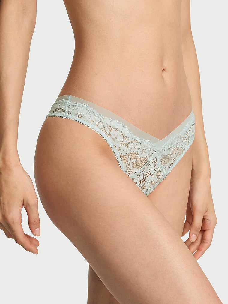 Victoria's Secret, Dream Angels Lace Thong Panty, Blue, onModelFront, 1 of 2