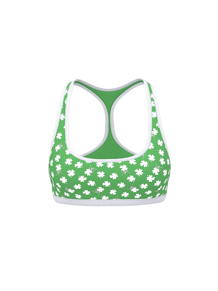 PINK Cotton Dorm Unlined Racerback Bralette, Wild Green Shamrock Print, offModelFront, 4 of 4
