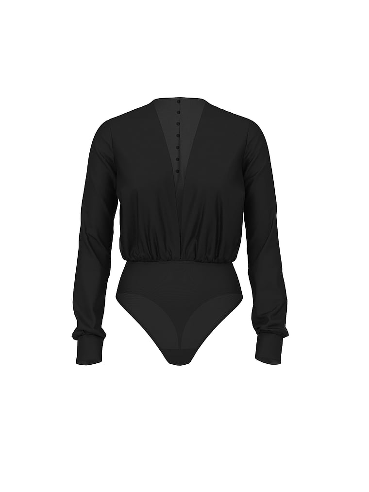 Victoria's Secret, Very Sexy Satin Plunge Blouse Bodysuit, Black, offModelFront, 4 of 4