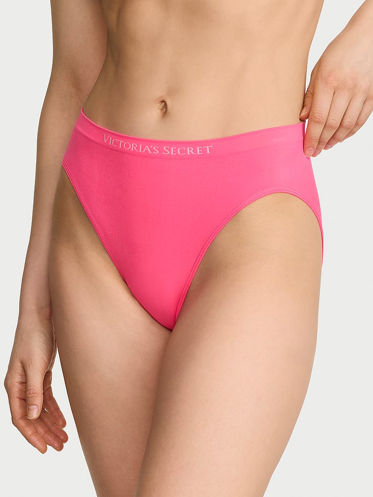 Victoria's Secret, Seamless Seamless High-Leg Brief Panty, Bombshell Pink, onModelFront, 1 of 3 Lotta is 5'10" or 178cm and wears Small