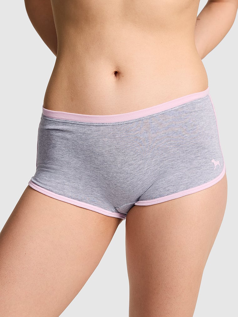 PINK Cotton Dorm Boyshort Panty, Medium Heather Grey with Coconut Pink Binding and PINK Butt Graphic, onModelBack, 2 of 2