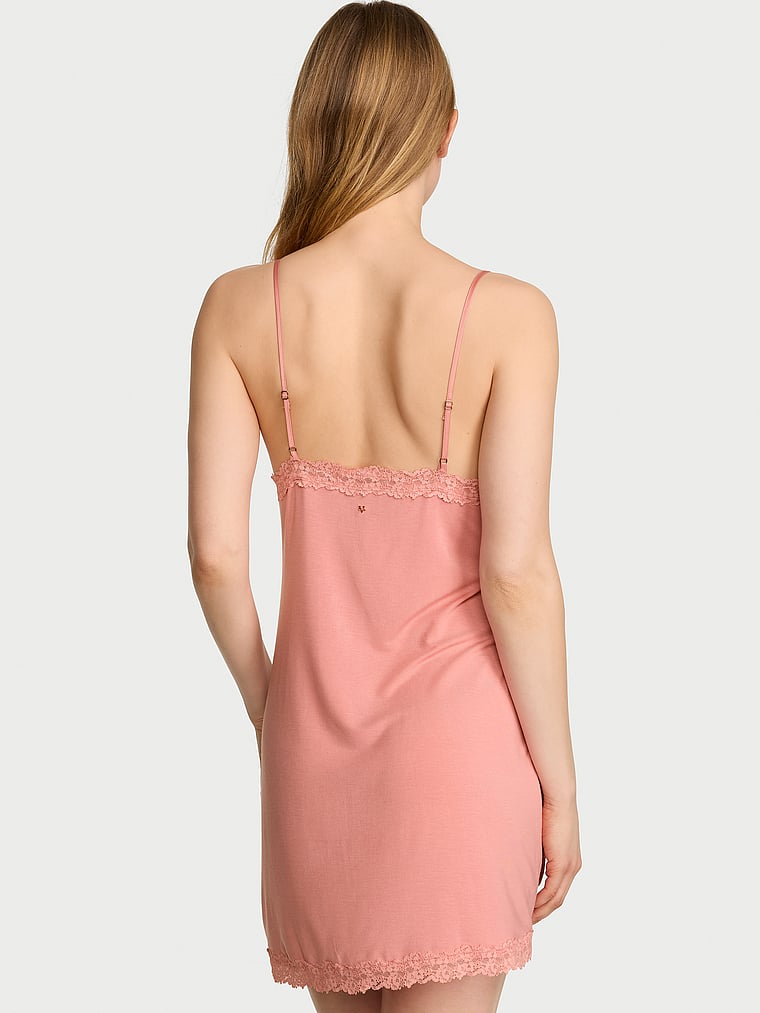 Victoria's Secret, Victoria's Secret SoSoft™ Modal Lace-Trim Tie-Front Slip Dress, Blush Pink, onModelBack, 2 of 4 Lotta is 5'10" and wears Small