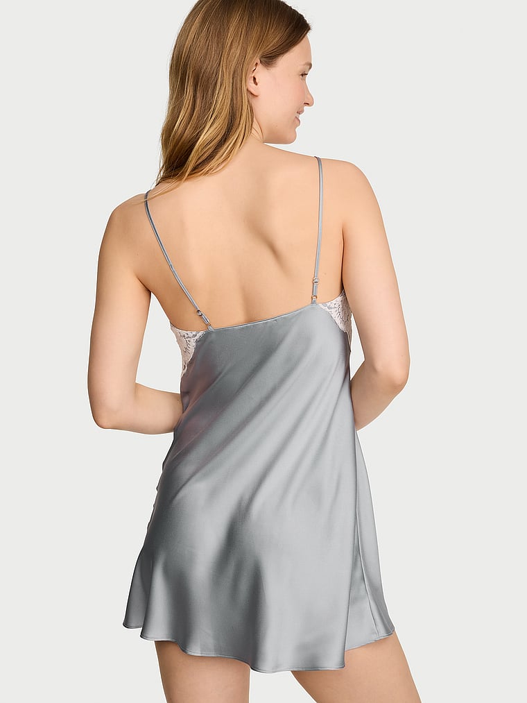Victoria's Secret, Dream Angels Satin Lace-Trim Short Slip Dress, Sterling, onModelBack, 2 of 3 Lotta is 5'10" and wears Small