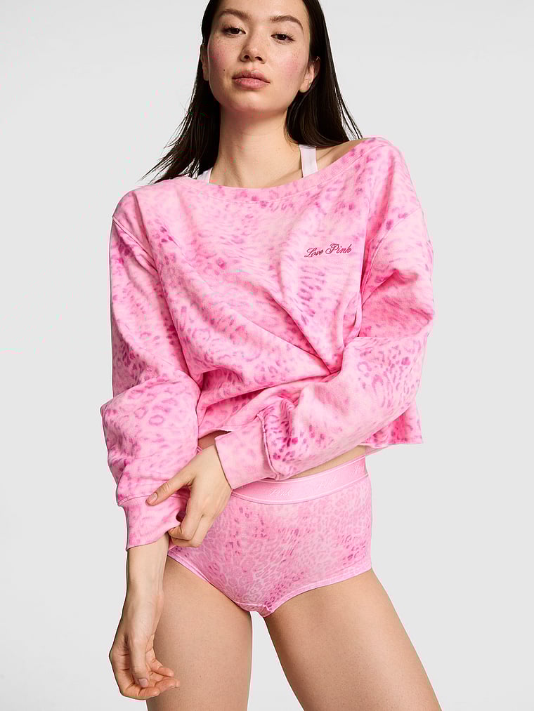 PINK Campus Fleece™ Rib Off-The-Shoulder Sweatshirt, Pink Leopard, onModelFront, 1 of 4