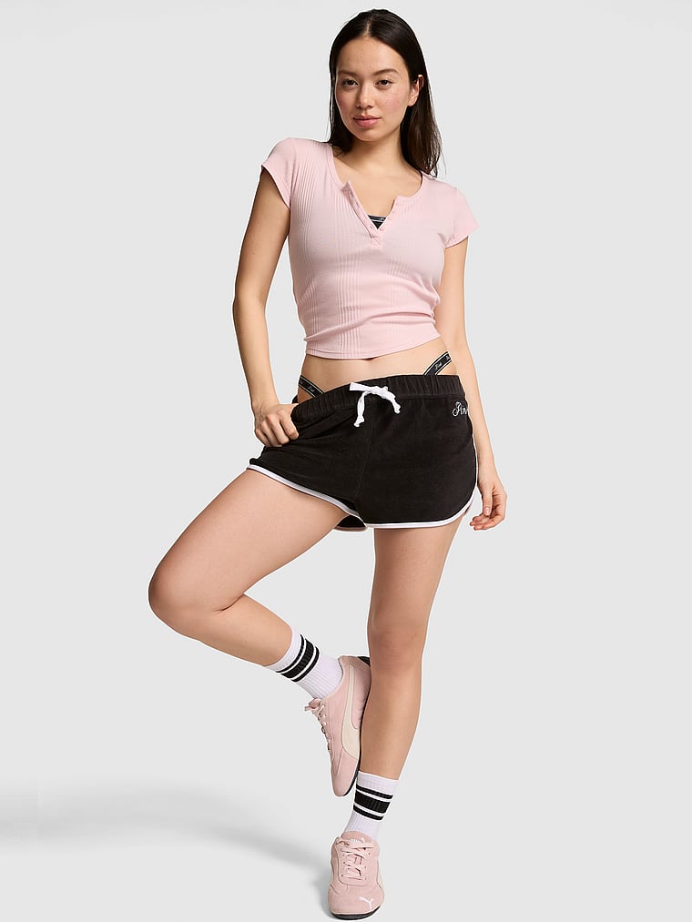 PINK SWIM Terry Cover-Up Shorts, Black, onModelFront, 1 of 3