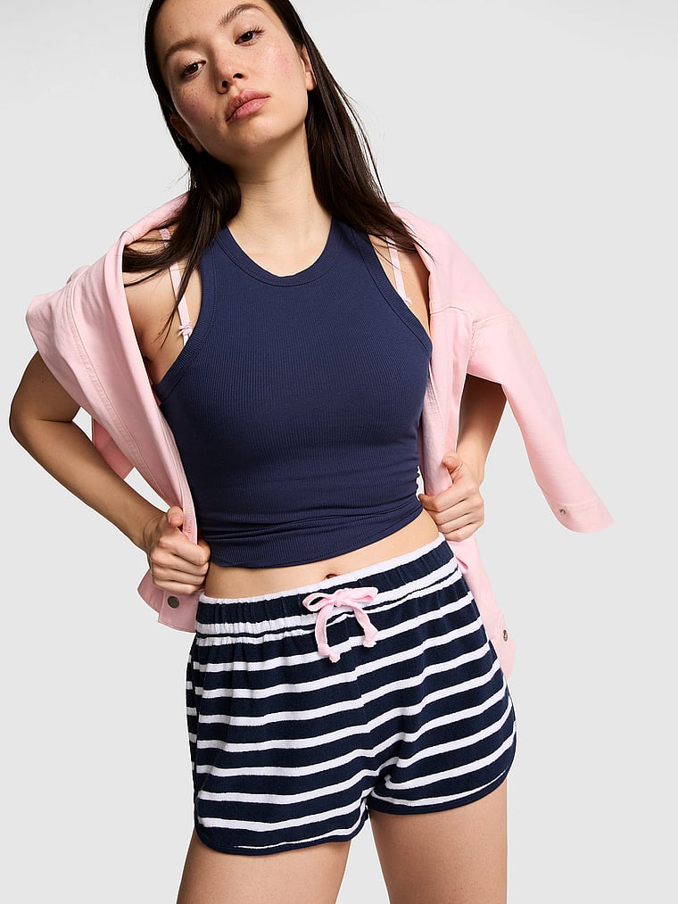 PINK SWIM Terry Cover-Up Shorts, Noir Navy Stripe, onModelFront, 2 of 4