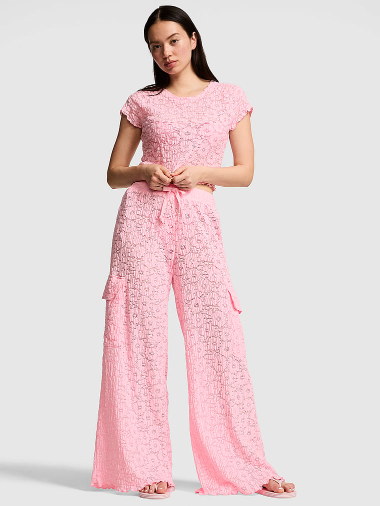 PINK SWIM Floral Crochet Cover-Up Pants, Boardwalk Pink, onModelFront, 1 of 3