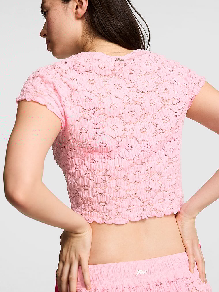 PINK SWIM Floral Crochet Cover-Up Tee, Boardwalk Pink, onModelBack, 2 of 3