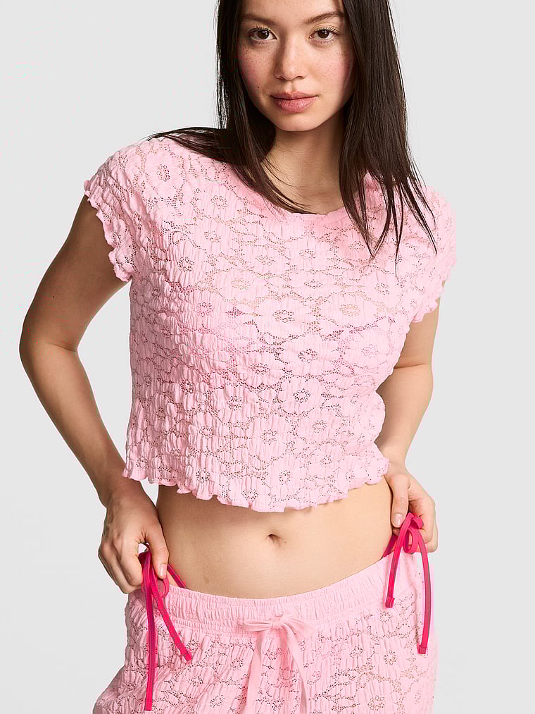 PINK SWIM Floral Crochet Cover-Up Tee, Boardwalk Pink, onModelFront, 1 of 3