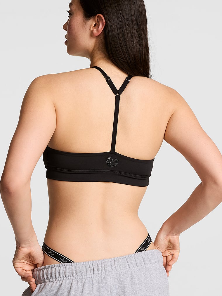 PINK PINK Relay™ Ruched Plunge Sports Bra, Black, onModelBack, 2 of 3