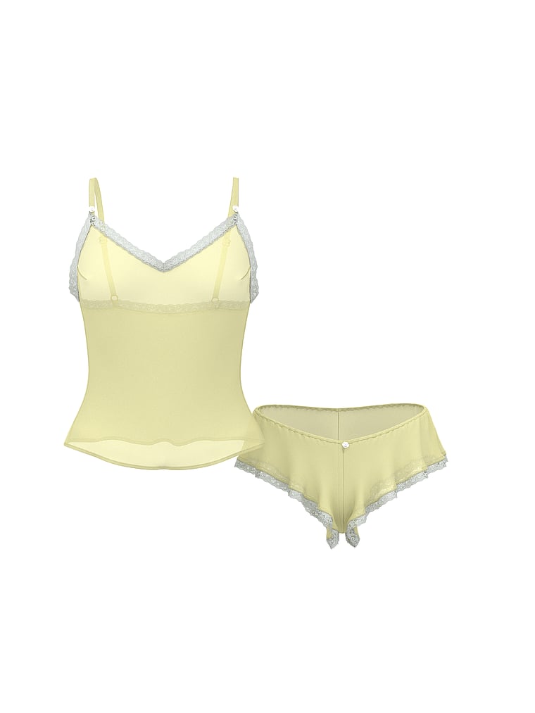 Victoria's Secret, Dream Angels Chiffon Lace-Trim Cami & Flutter Shorts Set, Lemonade, offModelFront, 3 of 3