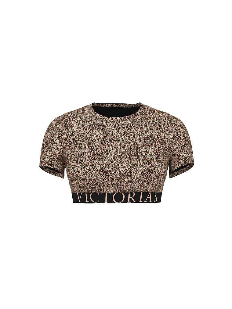 Victoria's Secret, The T-shirt Cotton Short-Sleeve Bralette Crop Top, Leopard, offModelFront, 3 of 3