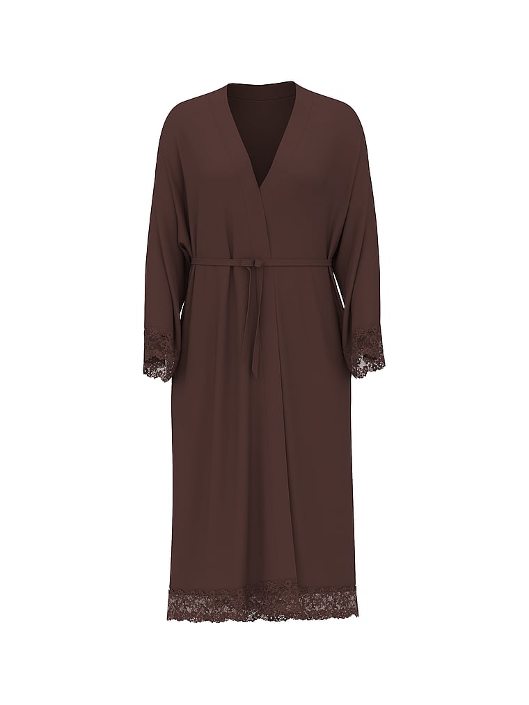 Victoria's Secret, Victoria's Secret SoSoft™ Modal Lace-Trim Robe, Ganache, offModelFront, 3 of 4